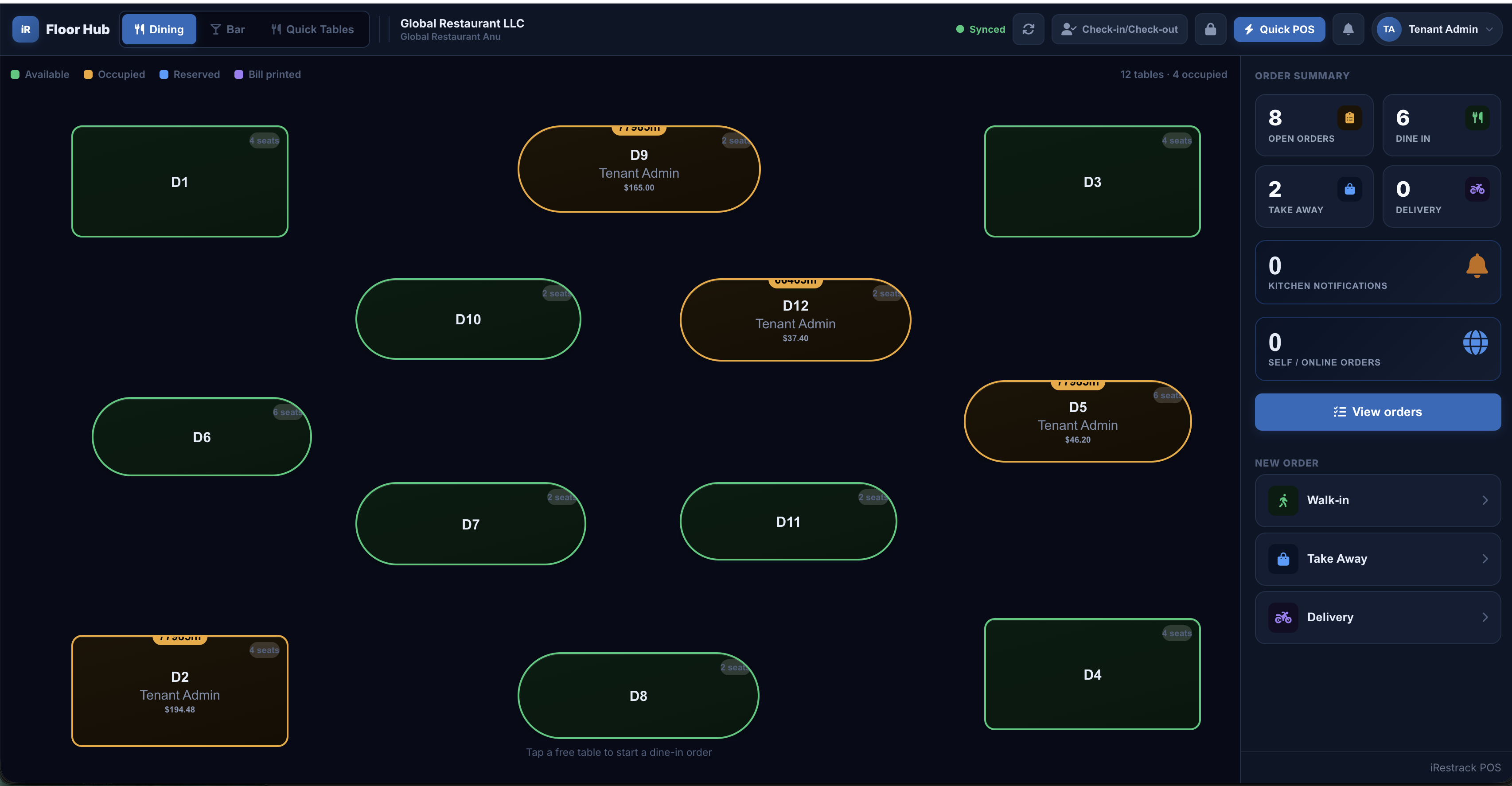 iRestrack Floor Hub — live table map