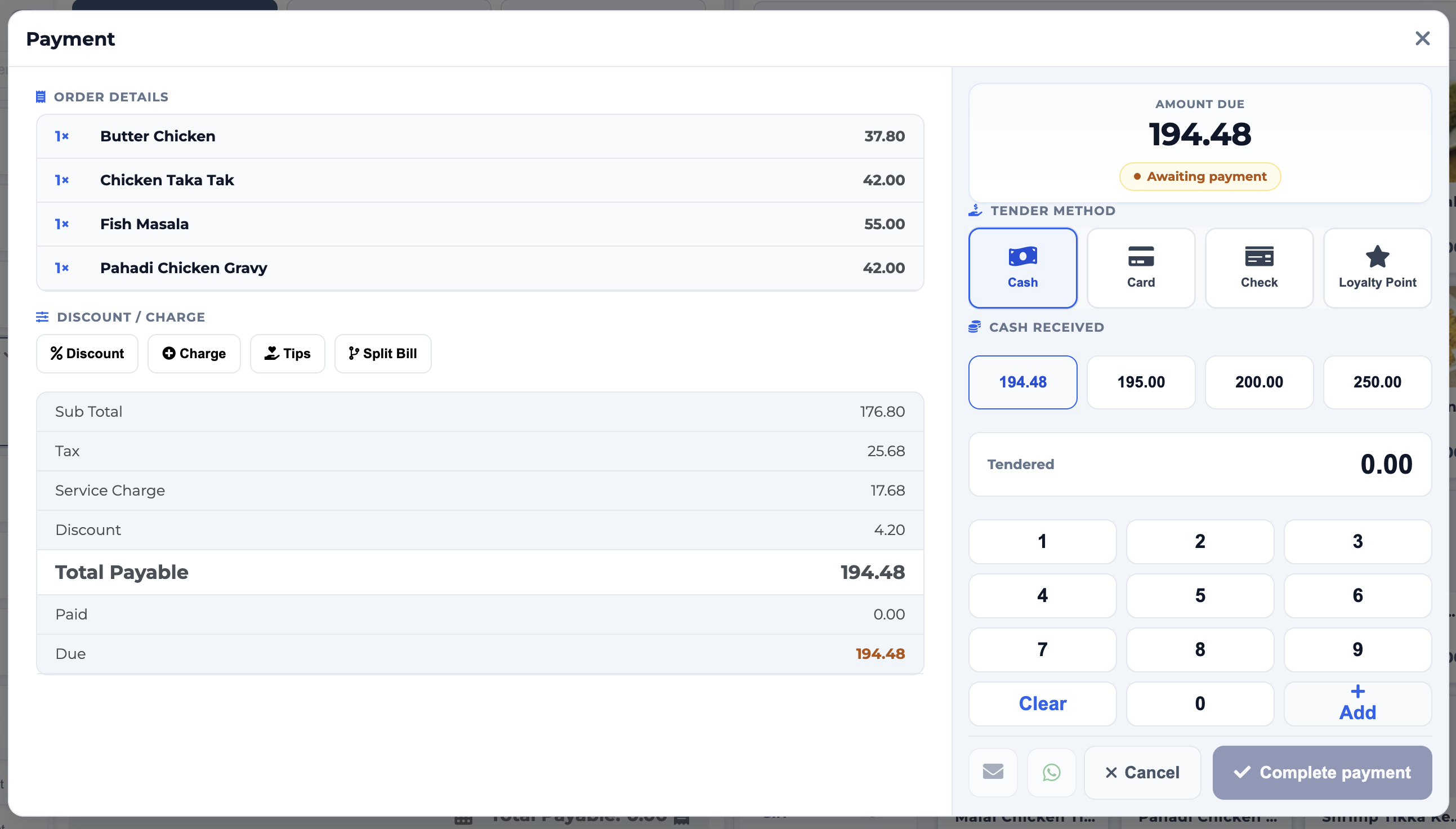 iRestrack payment modal with card and cash options