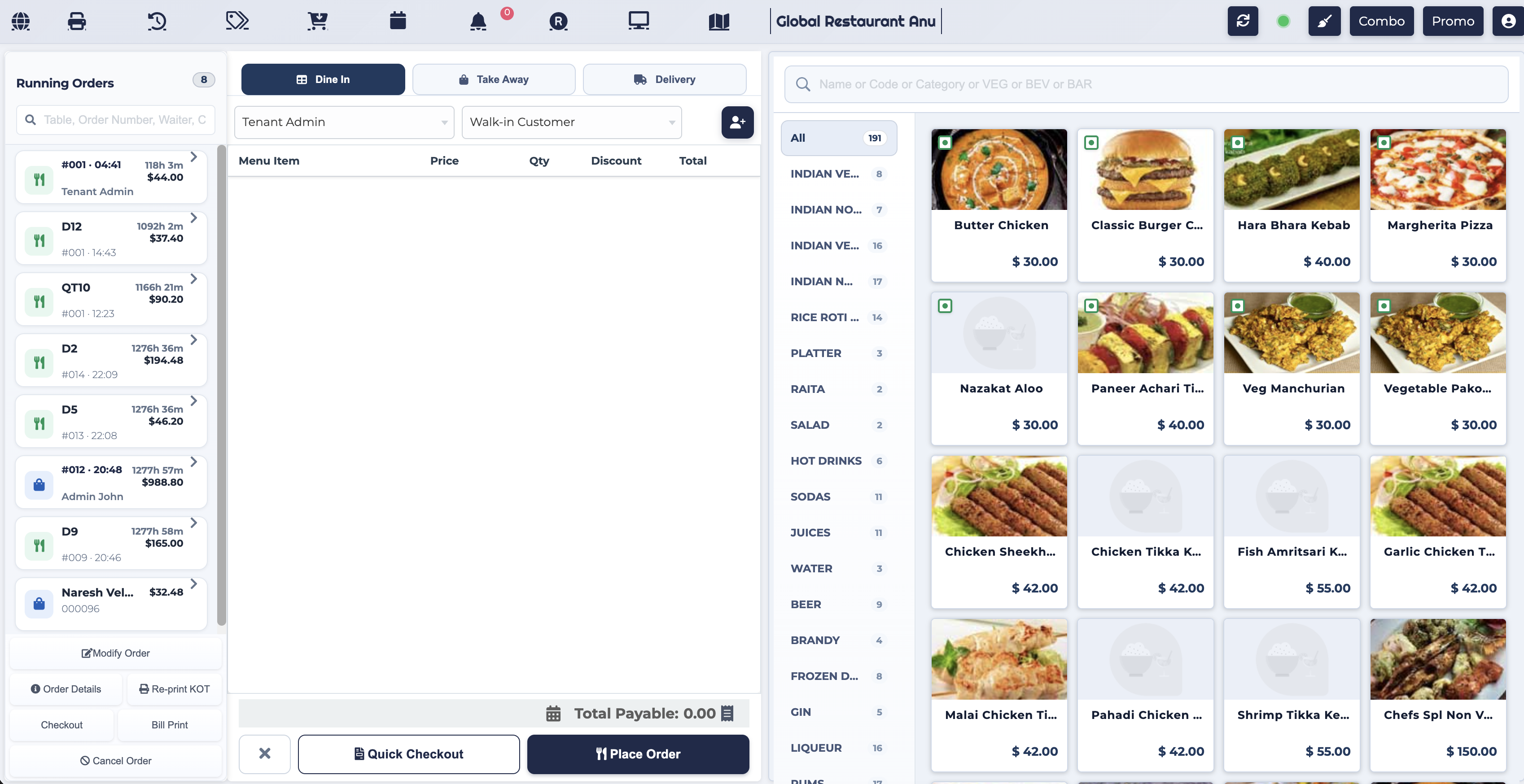 iRestrack POS — menu, running orders, and checkout