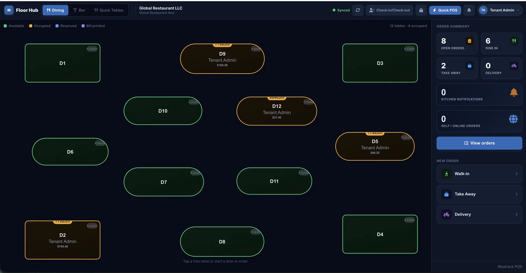 iRestrack Floor Hub: live table map with open, occupied and bill-due tables