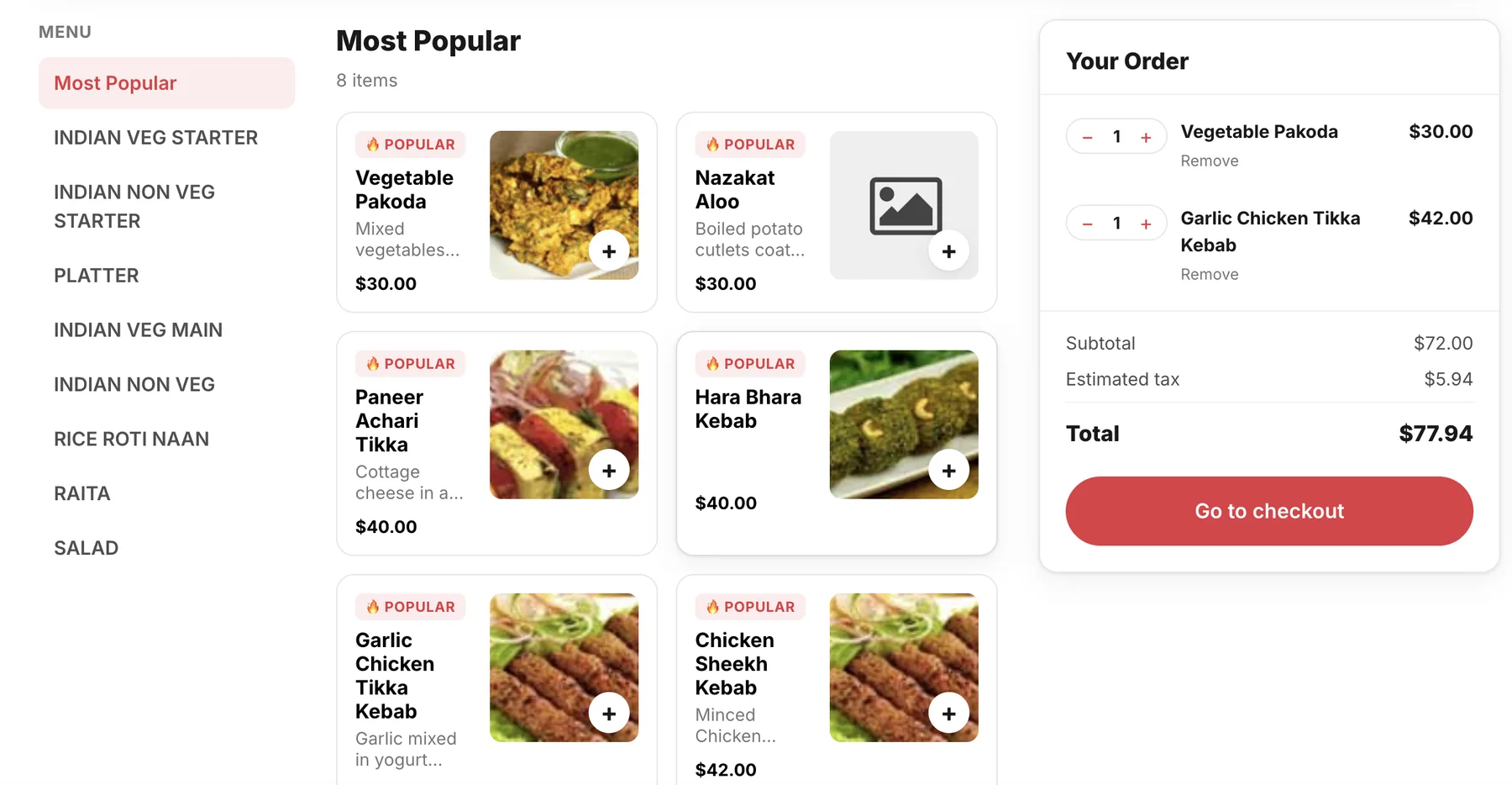 iRestrack online ordering: guest menu with a live order summary