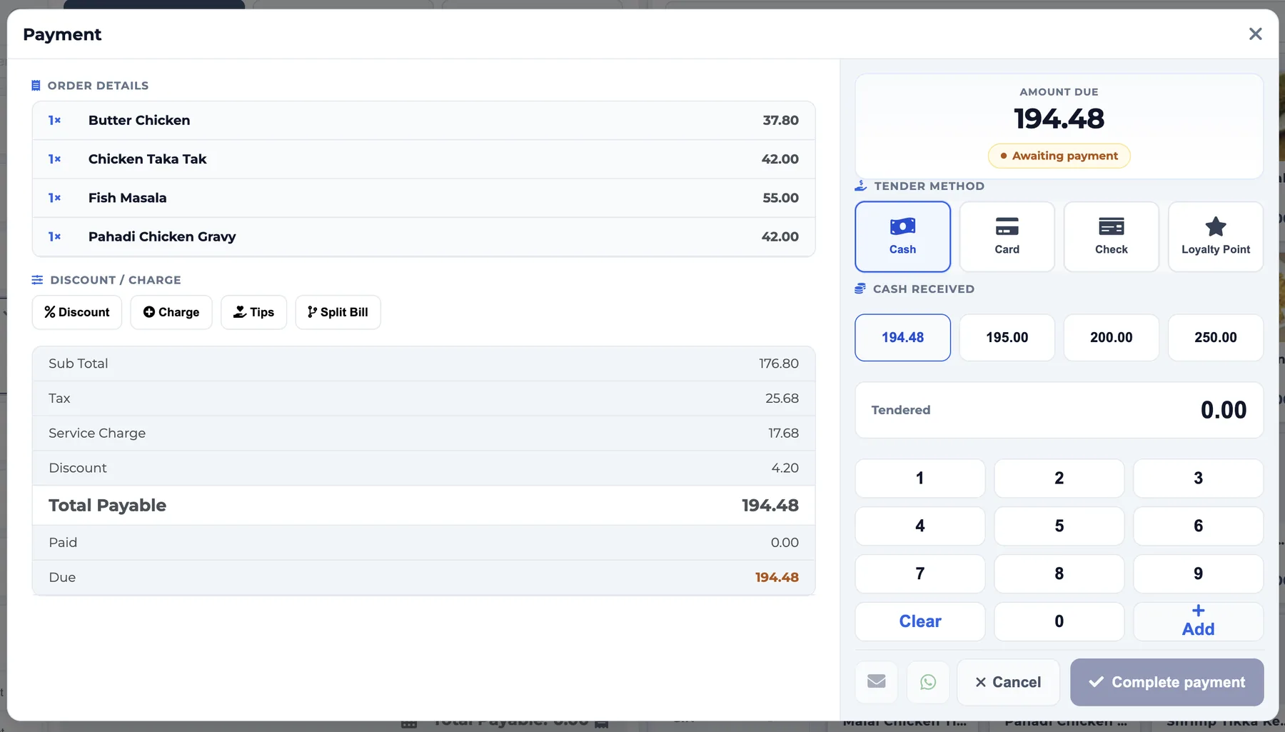 Click to enlarge iRestrack checkout: tender methods, discounts, tips, split bill and number pad