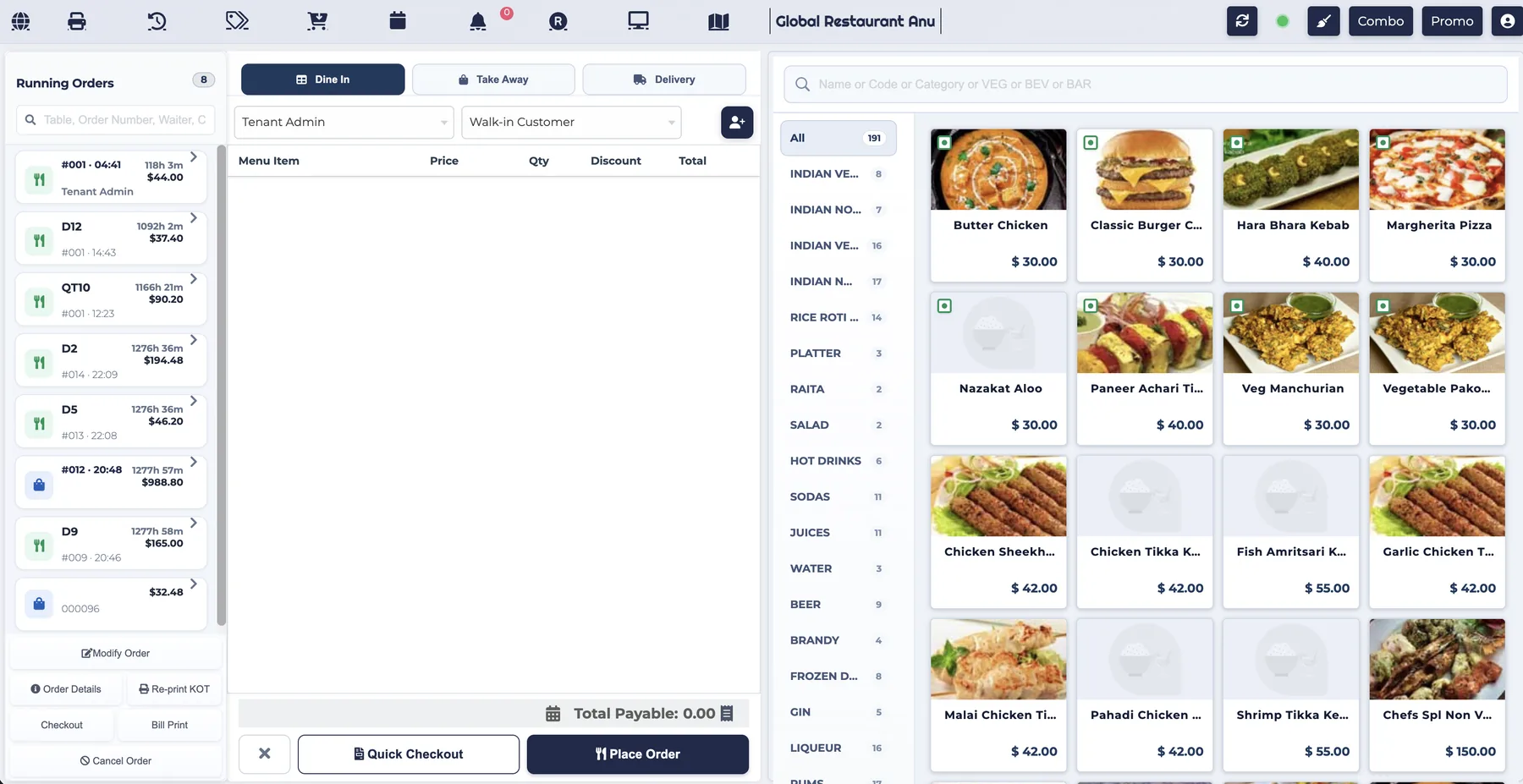 iRestrack POS: running orders, menu grid and checkout ticket